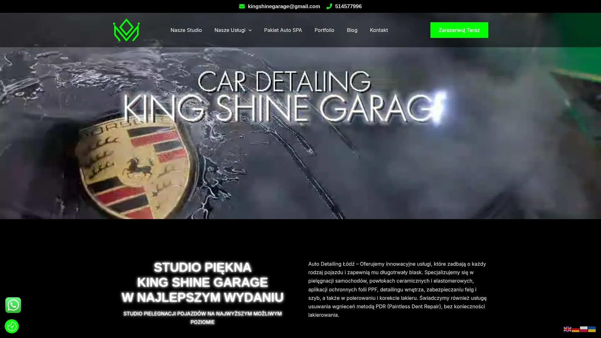 Zrzut ekranu strony King Shine Garage